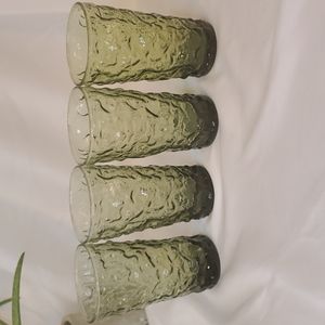 Set of 4 Anchor Hocking Green Crinkle Drinking Glasses 💚